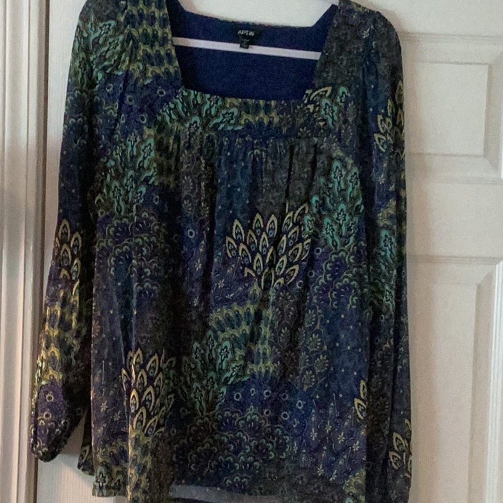 Apt. 9 Blue and Green Smocked Long Sleeve Blouse Peacock